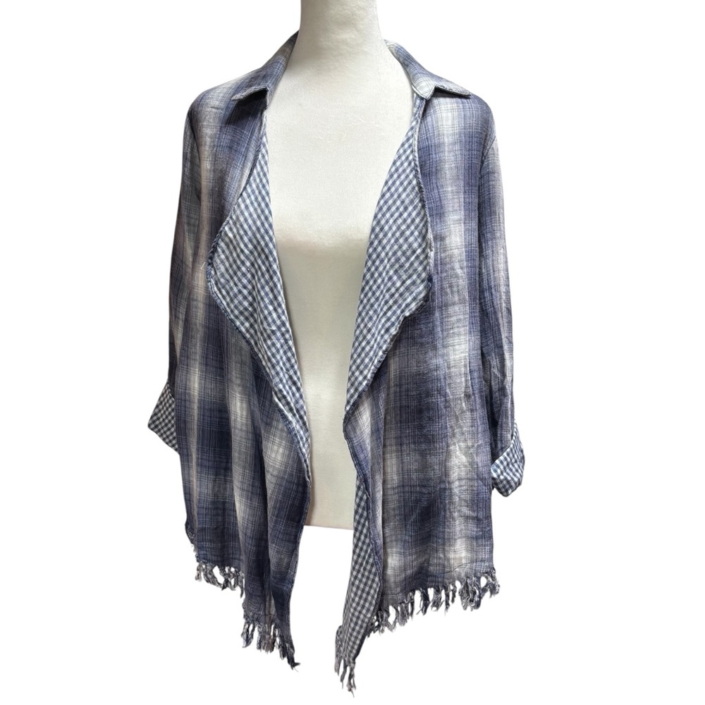 NWT Blue Plaid‎ Gingham Mixed Print Open Front Fringe Cardigan #618